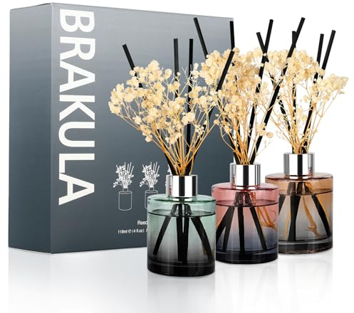 Brakula 3 Pack Reed Diffuser, Oil Diffuser Sticks, Fresh Linen, White Jasmine,Eucalyptus&Wild Mint, (4 fl oz Each Pack), Home Fragrance with 15 Stick, Shelf Decor, Reed diffusers for Home