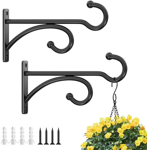 2 Pcs 15cm (6 Inches) Planter Hooks for Hanging Plants - Plant Hanger Hook Indoor Outdoor, Plant Wall Hooks, Brackets for Hanging Plants, Baskets, Wind Chime, Bird Feeder, Bird House (Black, Metal)
