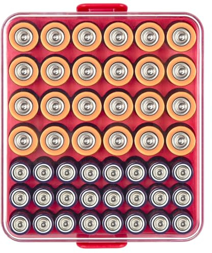 Againmore Batterie Organizer für 48 AA/AAA Batterien (Rot, M) | 48 Einzelfächer halten AA/AAA Batterien getrennt; Klardeckel zeigt den Bestand, Schnappverschluss, Blau, nur Box