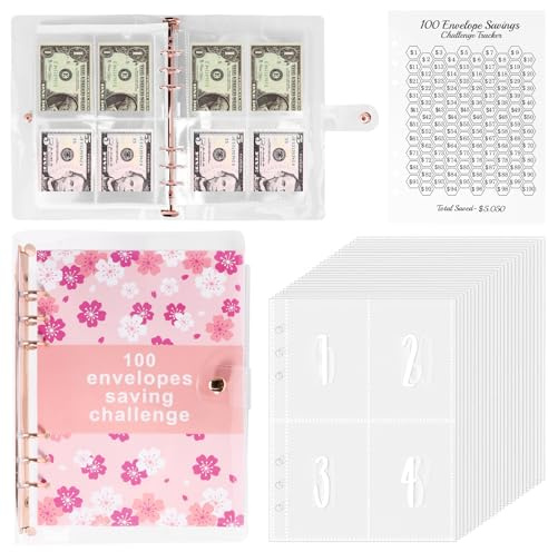 ALLOMN 100 Briefumschläge Budget Planner Binder, A5 Planner Geldumschläge Umschlagmethode Cash Stuffing Startset Budgetplaner Geld Organizer Sparbuch mit Folien für Finanzplaner Sparen Mappe (Rosa)
