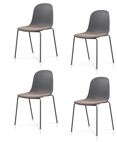KHG 4er-Set Esszimmerstühle Küchenstuhl stapelbar, 120 kg, bis 120 | Kunststoff Sitzschale mit Polsterung & Flachgewebe, Metallgestell Ton in Ton, minimalistisches Design, dunkelgrau