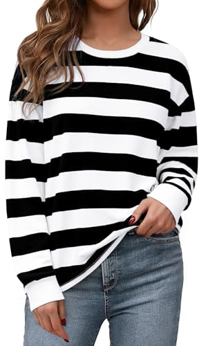 Aottori Langarmshirt Damen Rundhals Baumwolle Schwarz Weiß L | Sweatshirt, Gestreift, Pullover, Oversize, Oberteile, Elegant, Tops, Herbst Winter, Casual