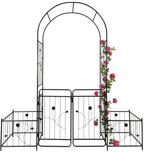 Arche de jardin en métal avec portail et deux supports de pot de fleurs – 200 x 220 cm – Treillis pour plantes grimpantes – Arche d'extérieur