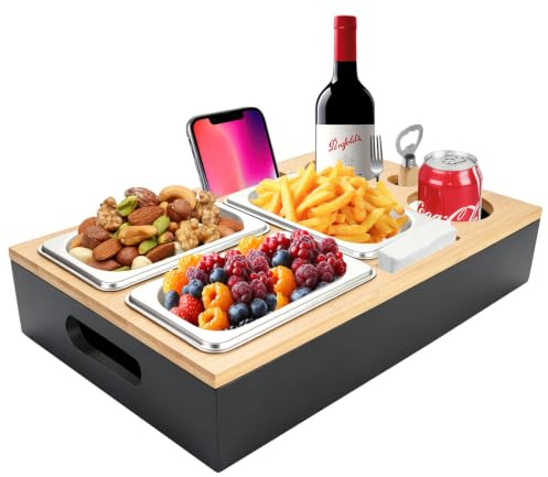 Couchbar Snackbox,Sofa Tablett,Snackbar Organizer,mit 3 Snackschalen, Getränkehalter,Abnehmbarer Magnetischer Deckel,für Wohnzimmer,Sofa,Garten,Geschenke für Männer/Frauen