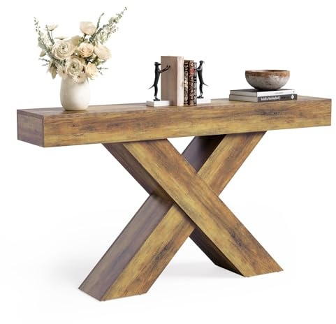 Tribesigns 140cm Narrow Console Table, Industrial Hallway Table with X-Shape Design, Slim Sofa Table for Entryway, Lounge, Behind Couch, Rustic Brown Wood Accent Table