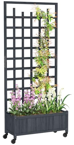 Jardinera de Madera con Enrejado Outsunny, bancales elevados para jardín con Ruedas y Orificios de Drenaje, Jardinera con Pantalla de privacidad para Cultivar Verduras, Hierbas y Flores para jardín,