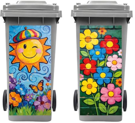 Peacoblue 2 adesivi per bidoni della spazzatura per bambini, stile pittura, con sole, 38 x 81 cm, impermeabili, grandi adesivi per contenitori, frigorifero, casa, decorazione da parete