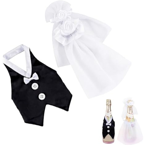 CATZUM Set decorativo per bottiglie di vino da matrimonio, 2 pezzi, copri bottiglia vino e copribottiglie abito da sposa, per sposa e sposo, decorazioni per tavolo matrimonio e feste di fidanzamento