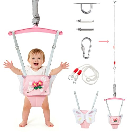 FUNLIO Baby Jumper mit Deckenhaken für 6–24 Monate, Türhopser für Babys für drinnen und draußen, Baby Jumper mit verstellbarer Kette, leicht zu montieren und zu verstauen – Rosa Schmetterling
