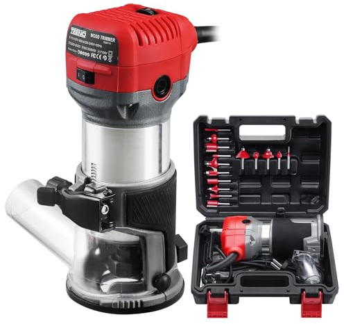 TEENO Router Trimmer 800W with Dust Extraction Connection, Electric Hand Wood Router 13000-33000 RPM with 15PCS 1/4 Router Bit Set, 6 Variable Speeds, Includes Trimmer Base 6/6.35/8 mm, Plastic Box