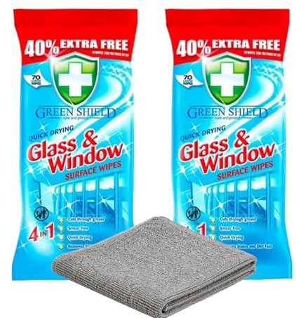 3pc Bundle Of Greenshield Glass & Window Cleaning Wipes With Microfibre Buffing Cloth Streak Free Shine for Mirrors, Windows & Screens Quick Dry Glass Cleaner