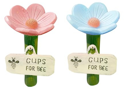 2 Pcs Cups for Bees, Flower Shaped Pollinator Bee Watering Station, Drinking Feeder with Stake Base, Bee Cups for Garden, Yard and Lawn (Pink and Blue)