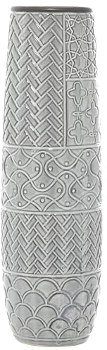 Deco 79 Ceramic Decorative Vase Slim Engraved Patterned Centerpiece Vase, Flower Vase for Home Decoration 7 x 7 x 22, Gray