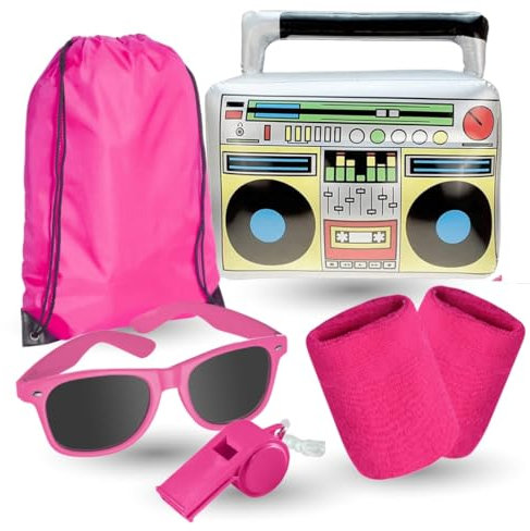 TK Gruppe Timo Klingler XXL 6 en 1 Set Costume Rétro Années 80 Bad Taste Assi Néon Set d'accessoires - avec Ghettoblaster, bandeau rose Costume Mardi Gras