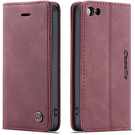 mvced Handyhülle Kompatibel mit iPhone 5/5S (4,0-Zoll-Bildschirm),Premium Leder Flip Case Schutzhülle mit Standfunktion,Wein rot