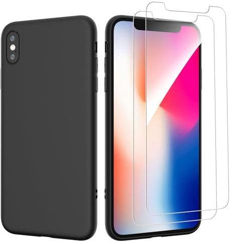 NEW'C Hülle für iPhone X, iPhone XS Ultra Thin Silikon Schwarz und 2 × Panzer Schutz Glas für iPhone X, iPhone XS - Anti Scratch