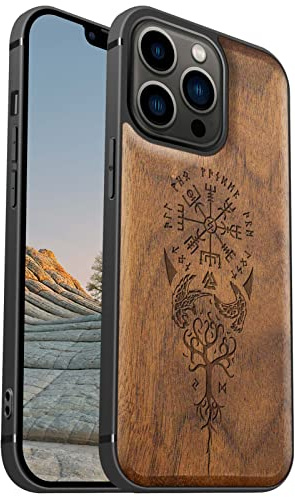Carveit Étui en Bois pour iPhone 13 Pro, (Noyer-Viking Compas) | Bois Étui de Magnétique Téléphone Antichoc TPU, Protection Case Compatible Magsafe pour iPhone 13 Pro Coque