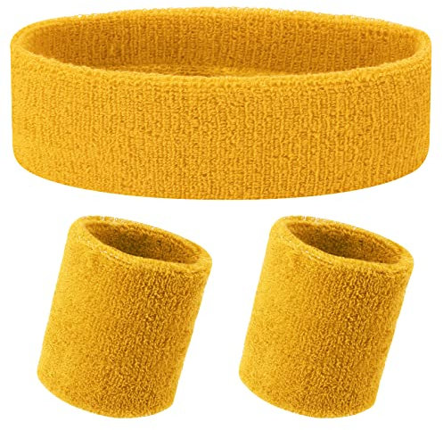 Yolev 3 Stück Schweißband Set Gelb Sport Stirnband Schweißbänder Handgelenk Herren Damen 80er 90er Jahr Outfit Schweißbänder Absorbierendes Accessoires