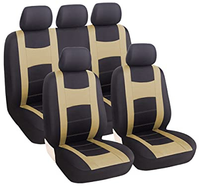 zipelo 9PCS Car Seat Covers Full Set, Front Seat Covers with Matching Back Seat Cover for Cars, PolyCloth Car Seat Protectors with Split Bench Design, Car Interior Accessories for Most Cars (Beige)