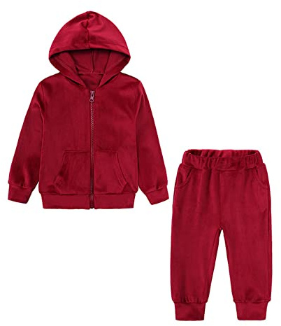 Kids Toddler Baby Girl Solid Color Velvet Tracksuit Outfit Long Sleeve Hooded Top and Elastic Waist Pants 2Pcs Clothes Set Sweatsuits Jogging Suits 110 Wine Red 3-4 Years