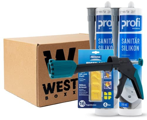 W West Boxx Set aus 2x Profi Sanitär Silikon 310ml in Manhatten, Kartuschenpistole und Fugen-Ass, Sanitärsilikon ideal für Sanitärbereich, Küche, Bad, WC, Glas, Fliesen, Keramik