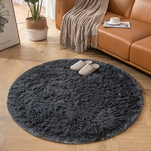 CHOSHOME Teppich Rund 150CM Wohnzimmer Hochflor Waschbar Teppich Shaggy Grau Runden Teppiche Einfarbig Runder Flauschig Teppiche Weich rutschfest fürs Flur Schlafzimmer Kinderzimmer