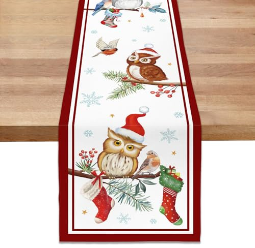 Bonhause Tischläufer Weihnachten Eule Tischläufer Kiefernzweige Vogel Schneeflocken Winter Küche Esstisch Dekoration für Drinnen Draußen Urlaub Party Waschbar Wohnkultur Tafeltuch (33 x 183 cm)