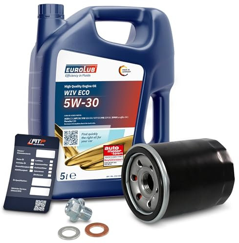 BESTPRICE Inspektionspaket Filterset mit 1x Ölfilter, 5l Motoröl 5W-30 EUROLUB WIV ECO SAE Motoröl, 1x Ölablassschraube, 1x Ölwechselanhänger