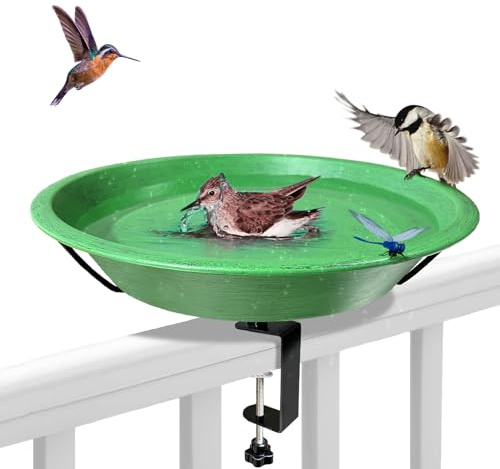 WANGIRO Bird Bath Deck Mounted Bowl 11.5 Inch Metal Bird Baths with Adjustable Sturdy Metal Clamp for Deck Railing Balcony Bird Feeder for Garden Yard and Lawn Decoration-Green