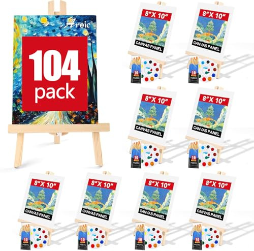 AROIC Staffelei und Leinwand Sets mit 8 Holzstaffeleien, 80 Pinseln, 8 Leinwänden und 8 Paletten, Malset, Kunst-Tischstaffelei, Malzubehör für Kinder und Erwachsene, 104 Stück