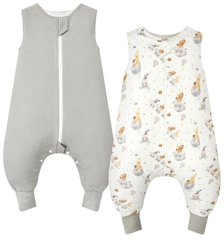 WYTbaby sovsäck med fötter 1,0 tog 2-pack baby sovsäck 100 % bomull ärmlös året runt sovsäck med ben för pojkar och flickor, fantasy björn + grå 70 cm (2-pack)