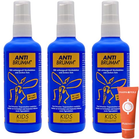 Anti Brumm Kids Sensitive 3x 150 ml I Schutz gegen Mücken und Zecken I Mückenspray I zu Hause, Reisen, Tropen I Icaridin I Kinder ab 1 Jahr I empfindliche Haut I Spar-Set plus Pharma Perle give-away