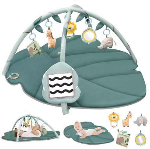 Vanplay Alfombra de Juego para Bebés con 6 Juguetes, Alfombra de Gateo con Arco de Juego y Juguetes Sensoriales, Alfombra de Juego con Libro Bebé Alto Contraste