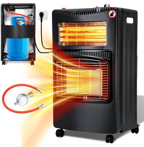 Eulenke Calefacción de gas para interiores, 4200 W de cerámica, calentador de gas + 1260 W con regulador de presión de gas y manguera de gas, 3 niveles de calor, estufa de gas butano o propano de