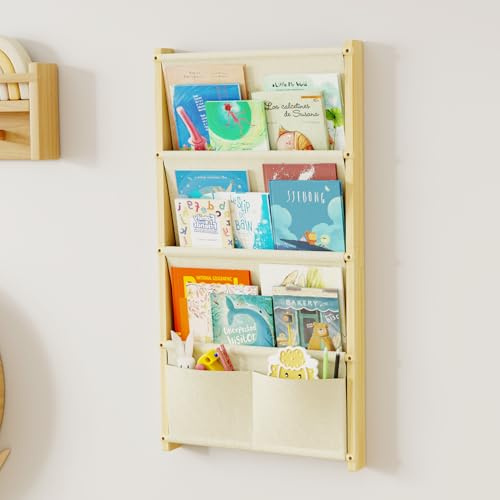 Bücherregal Kinder Wand Holz, mit 4 Lagige Taschen Wandregal Bücher Kinder, Montessori Bücherregal für Spielzeug, Kinderzimmer, Baby Zimmer, Spielzimmer, Kinderregal Bücher Aufbewahrung, 80*42CM