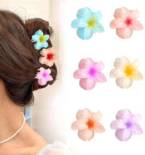 6 stycken blomhårklämmor, Hawaiisk Plumeria hårklämma, söta akrylhårklämmor för kvinnor hår, färgglada blommor hårsmycken för kvinnor, halkfritt hårspänne för fixering av hår, 4 cm