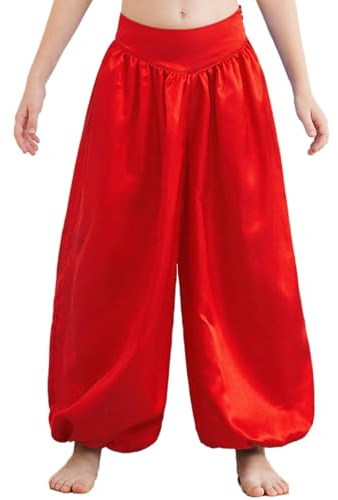 Alvivi Kids Boys Girls Satin Bloomers Belly Dance Pants Harem Loose Baggy Trousers Arab Prince Costume Dancewear Red 9-10 Years