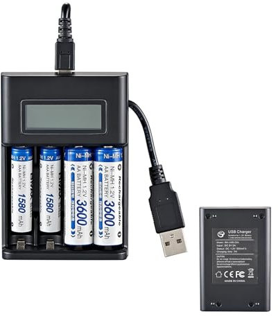 Caricabatteria AA Ricaricabile tramite USB - Base di Ricarica Rapida A 4 Slot con Display LCD Intelligente | Caricabatterie Indipendente per Batterie NiMH AA/ 1,2 V, Caricabatterie Universale
