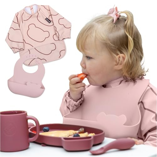 TUM TUM Coffret Bavoirs 2 en 1 GRIS - 1 Bavoir silicone + 1 Bavoir tablier (ROSE)