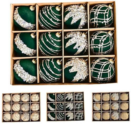 Christmas Balls,12 pcs 6 cm,Flocking Velvet Diamond Sequin Christmas Balls For Tree Hanging Decorations for Christmas Wreaths Baubles (Dark green)