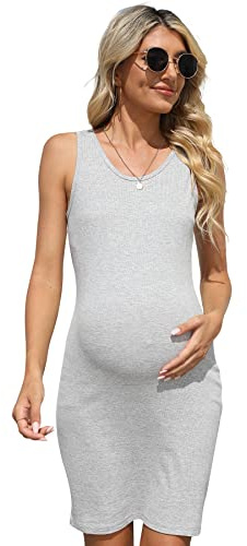 Brynmama Jupe Moulante de Maternité en Coton Robe de Grossesse d'Été Décontractée sans Manches Mini Hautement Élastique pour Femmes Enceintes Gris, M