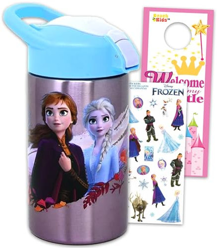 Disney Die Eiskönigin Wasserflasche, 450 ml, 3-teiliges Set mit nachfüllbarer Edelstahl-Sportflasche, Frozen Aufklebern und mehr