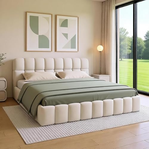 YGHQAP Polsterbett Bubble Bett 140x200, Doppelbett Polsterbett 140x200 Beige, Jugendbett Flachbett Gästebett Bettgestell Mit Lattenrost Und Kopfteil, Leinen, Ohne Matratze (Beige, 140x200cm)