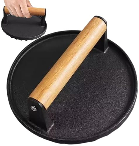 1PC Burger Press, 7 Inch Round Cast Iron Tortilla Press with Wooden Handle, Cooking Weight Press Heavy-Duty Steak Weight Press for Burger Grilled Sandwich Quesadilla Steak