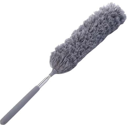 Plumero extensible de 38 a 88 cm, de acero inoxidable, cabeza de microfibra suave, color blanco, poliéster, acero inoxidable, ideal para techos, coches y espacios reducidos