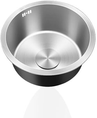 Lavello Cucina d'argento1 Vasca,Lavandino Cucina Piccolo,Lavabo In Acciaio Inox Rotondo con Set Di Drenaggio,Installazione Appoggio o Sottopiano (Ø 34cm)