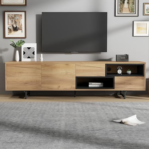 TIZZ Mueble de TV Bajo de Madera de 173 x 38 x 48 cm Con Compartimentos Abiertos Múltiples Funciones de Almacenamiento Para Televisores de Hasta 70 Pulgadas Salón