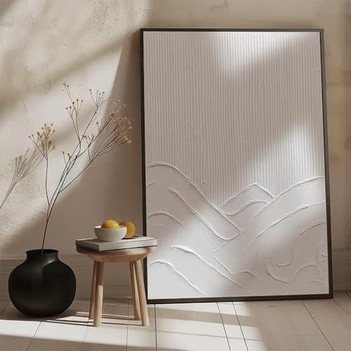 DekoArte- Cuadro Decoración Salón Moderno en Relieve Blanco - Zenit - 60x90 cm - Cuadros con marco color negro incluido