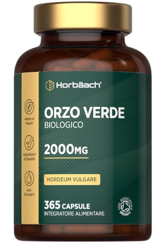Erba d'Orzo Biologica 2000 mg | 365 Capsule Vegane | Estratto di Hordeum Vulgare | Scorta per 4 Mesi | Alto Dosaggio | Integratore Alimentare | Horbaach