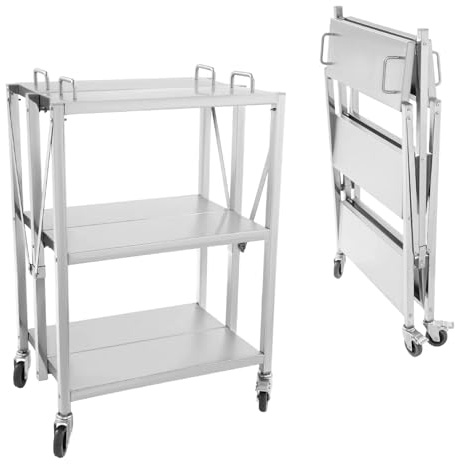 Mqwdxzfes Carro de cocina de acero inoxidable con ruedas, 3 niveles, plegable, con ruedas (2 frenos), carrito de mesa portátil, carrito de bar, carrito de vino, para cocina, gastronomía, bar, hotel